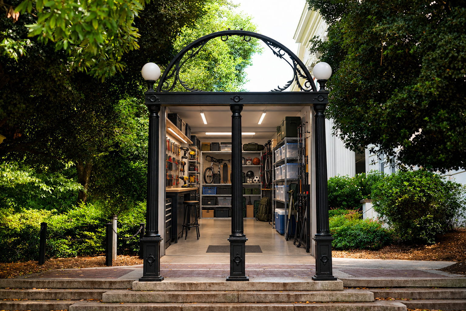 Organized neighborhood storage space framed by a garden arch