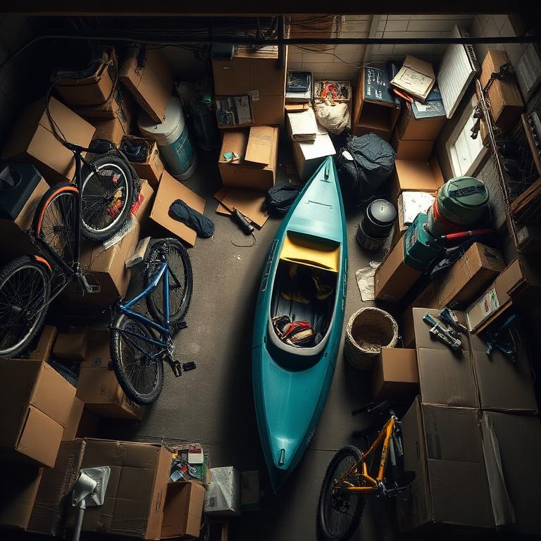 Cluttered basement with a canoe and bikes wedged between boxes